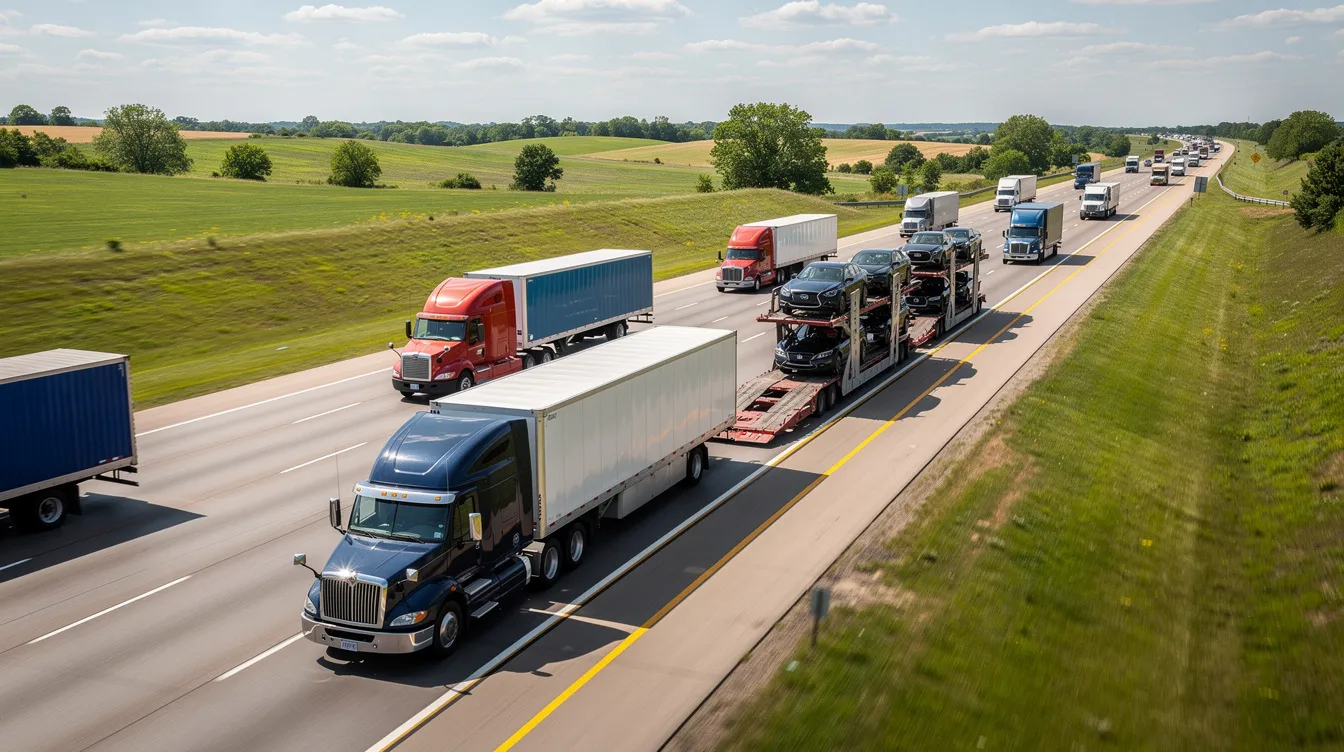 The image shows semi trucks and car carriers traveling along a wide interstate highway, symbolizing the efficient auto transport services available in Oklahoma City. These vehicles are essential for car shipping, ensuring that vehicles are safely transported across major interstates.