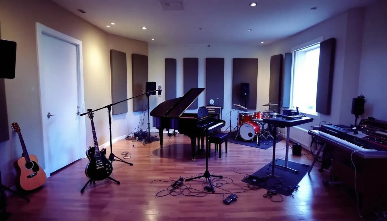 Das Bild zeigt ein Musikstudio mit verschiedenen Instrumenten, die räumlich angeordnet sind, um ein optimales Klangerlebnis zu bieten. Die Anordnung der Instrumente unterstützt ein beeindruckendes 3D-Audio und trägt zur Schaffung eines lebendigen Klangbildes bei, das durch moderne Technologien wie Dolby Atmos und spatial audio verbessert wird.