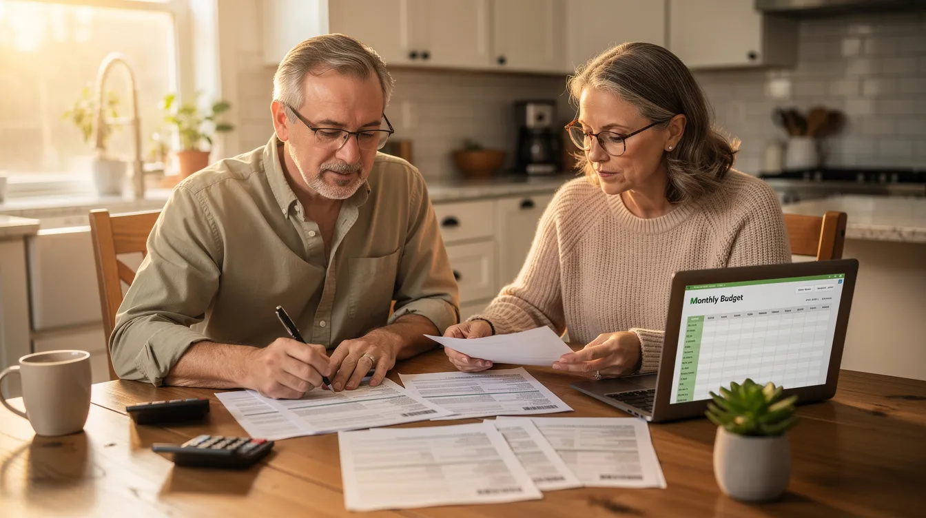 A mature couple is seated at a kitchen table, reviewing various financial documents related to their retirement savings plan, including tax advice and contributions to their 401(k) and Roth IRA. They appear focused as they discuss strategies for maximizing their retirement accounts and managing health care costs.
