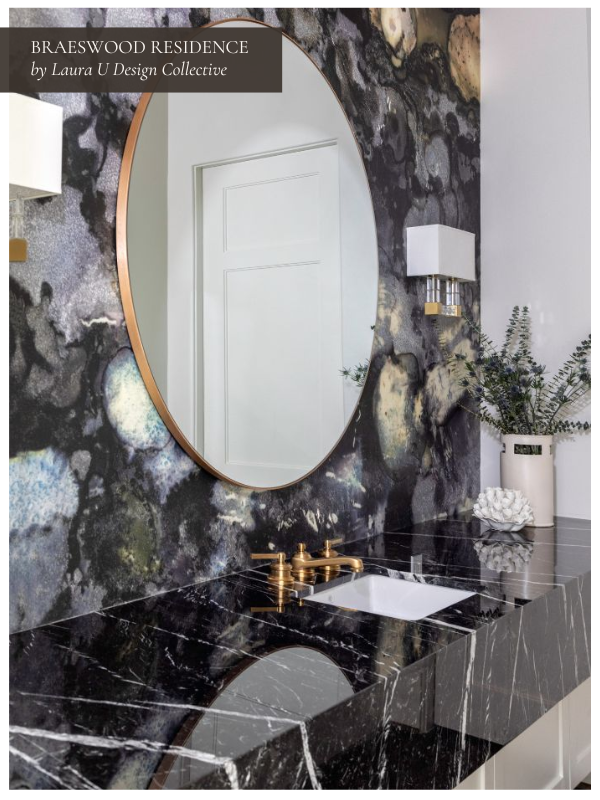 a powder room with black accents, classic white walls, clean lines, and a modern wallcovering as a focal point