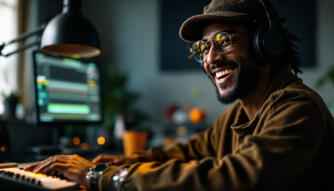 The image shows a joyful musician engaged with BeatsToRapOn, a digital platform designed to assist artists in releasing their songs. This scene captures the essence of creativity and the freelance career journey, highlighting the importance of platforms that connect skilled professionals with opportunities to showcase their talent.