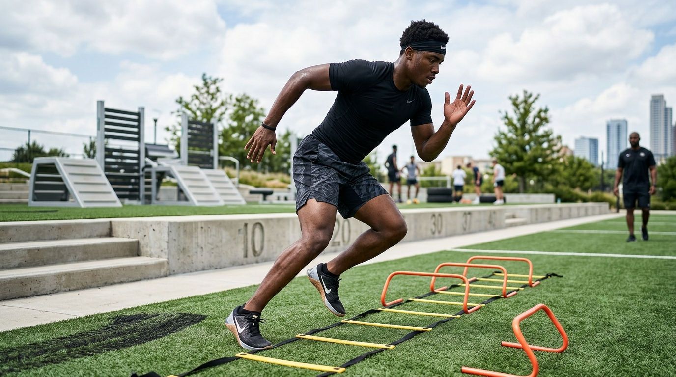 Athlete driving through an agility ladder and hurdle drill on an outdoor turf