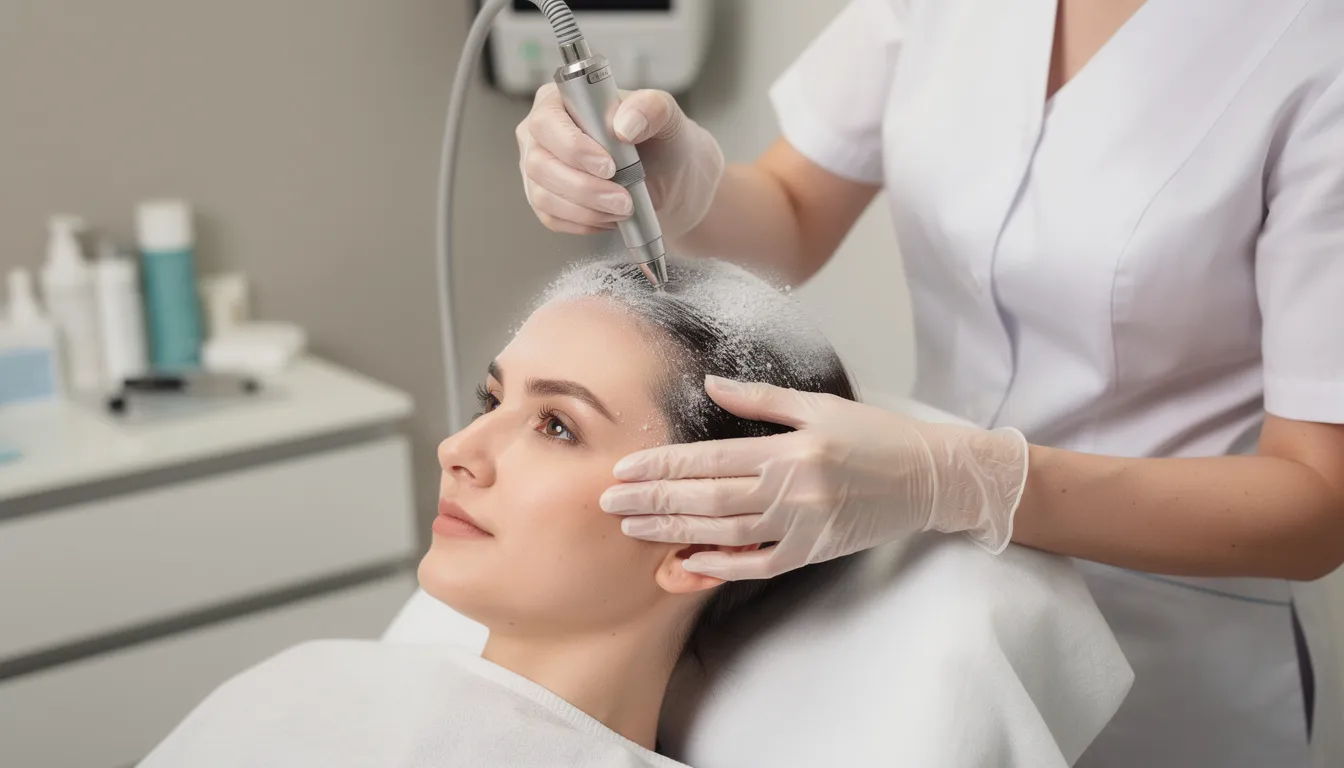 Na obrazku widać profesjonalistę wykonującego zabieg infuzji tlenu na skórze głowy pacjenta, który ma na celu odżywienie cebulek włosów oraz poprawę stanu skóry głowy. Specjalista używa nowoczesnego urządzenia, aby dotlenić i oczyścić skórę głowy z zanieczyszczeń oraz martwego naskórka.