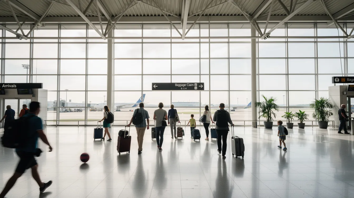The image shows travelers walking through a modern airport arrivals hall, illuminated by natural light streaming through large glass windows. The scene captures the excitement of people entering Australia, highlighting the importance of having a valid Australian visa to enjoy their visit.