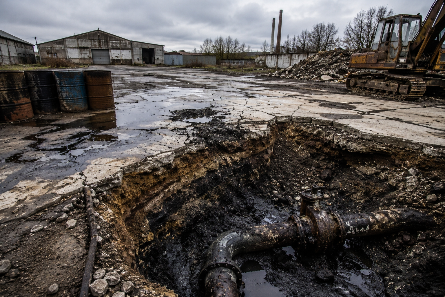 Old industrial land showing visible soil contamination from fuel leaks and hazardous waste.