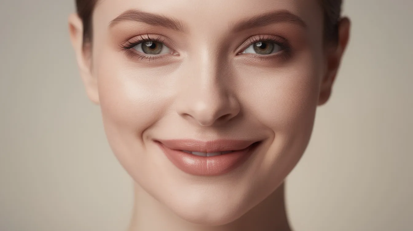 A close-up of a woman with natural-looking lips smiling gently, showcasing a subtle enhancement that gives her a plumper pout. The neutral background emphasizes her full lips and the gentle curve of her smile, reflecting the results of a non-invasive lip flip procedure.