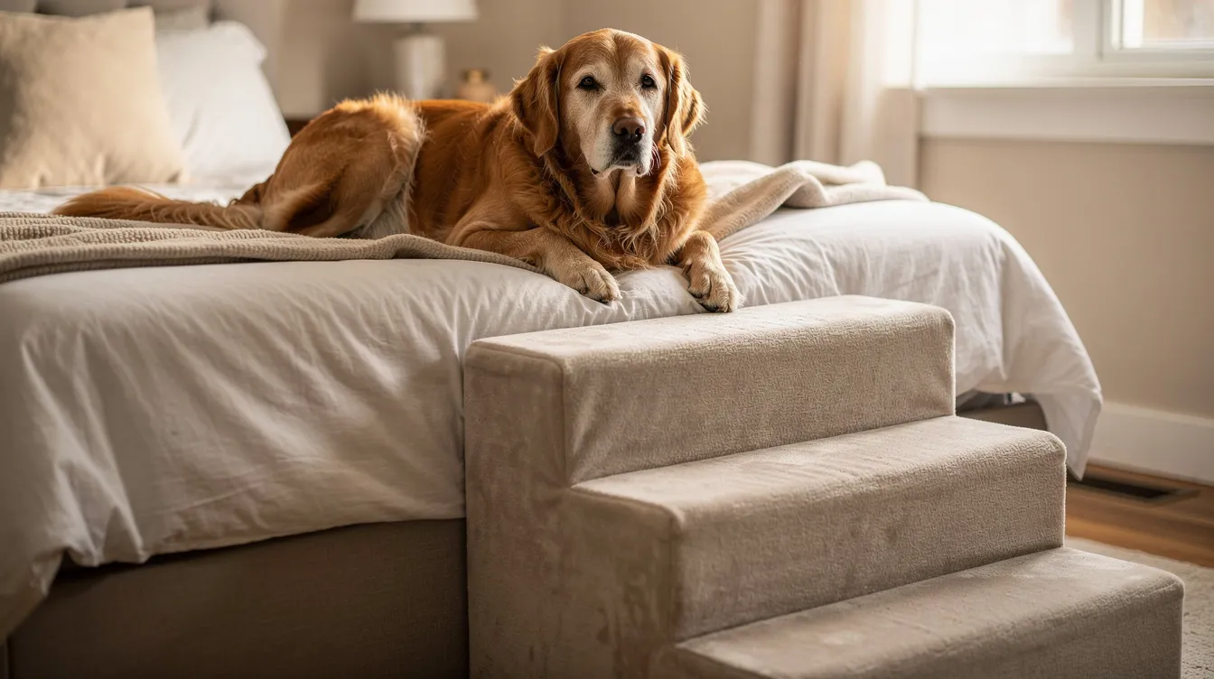 A senior golden retriever is peacefully resting on a cozy bed, with foam dog stairs positioned beside it, providing an easy way for the dog to access the bed. The scene highlights the comfort and support these pet stairs offer to senior dogs.