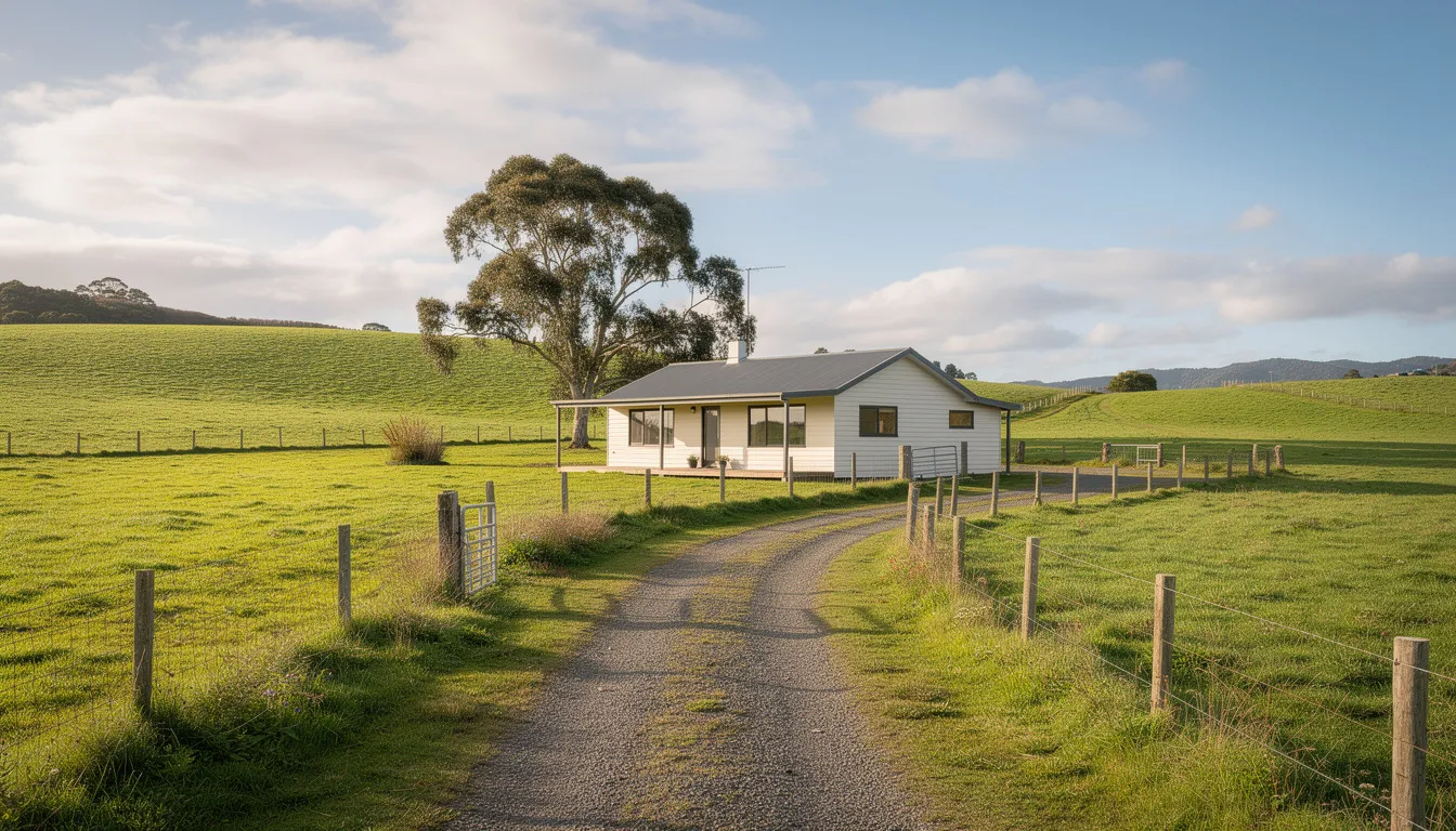 The image depicts a picturesque rural Waikato landscape featuring a farmhouse with modern aluminum windows, surrounded by lush green paddocks. The scene captures the essence of country life, highlighting the blend of traditional architecture and contemporary aluminum joinery.