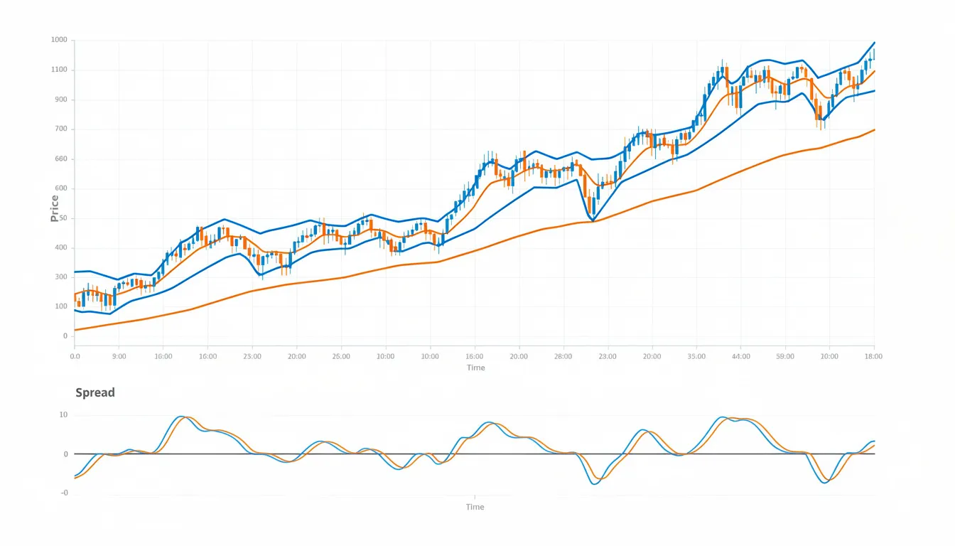 The image depicts a chart with two correlated stock price lines, illustrating their relationship alongside a spread that oscillates around zero. This visual representation highlights the dynamics of trading strategies in financial markets, particularly useful for algorithmic trading and identifying potential arbitrage opportunities.