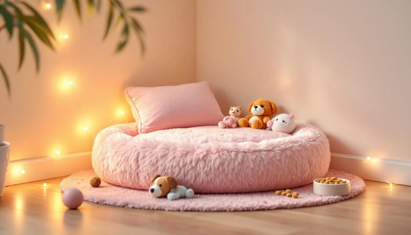 A cozy corner features a tiny puppy bed surrounded by miniature toys and small food bowls, perfect for small dog breeds like teacup puppies or toy poodles. This inviting setup is ideal for little dogs, creating a warm and playful environment for new puppies.