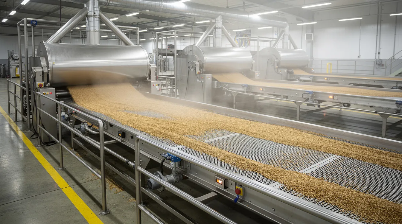 The image depicts an industrial grain roasting and cooling conveyor system within a food processing factory, showcasing advanced machinery designed for the efficient production of roasted chana flour. This setup emphasizes quality control and operational efficiency, essential for meeting the demands of India's original superfood, sattu.