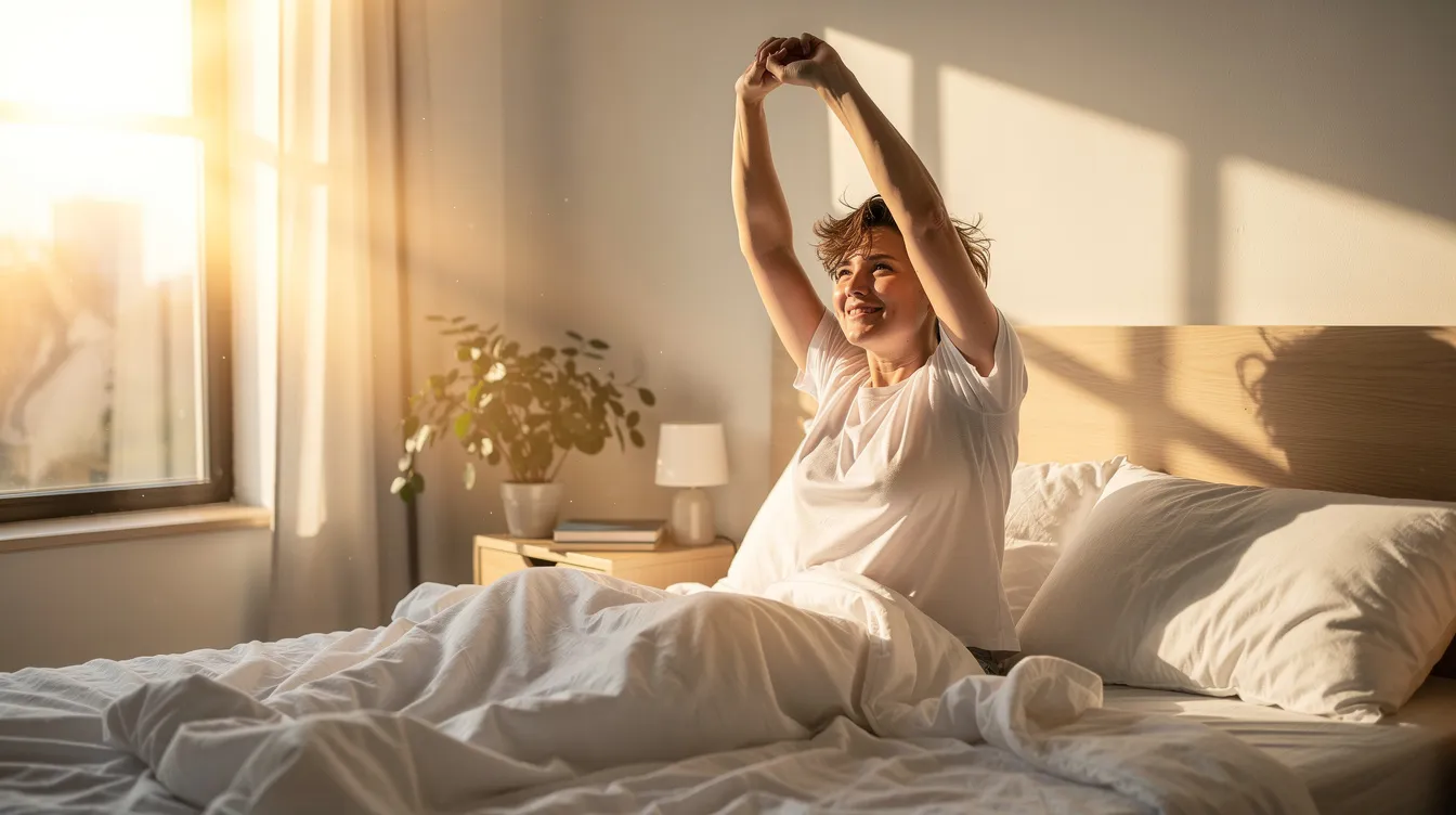 A person is waking up refreshed in bed, stretching their arms while basking in the warm morning sunlight. This scene highlights the importance of a consistent sleep schedule and the positive effects of sufficient sleep on overall health and well-being.