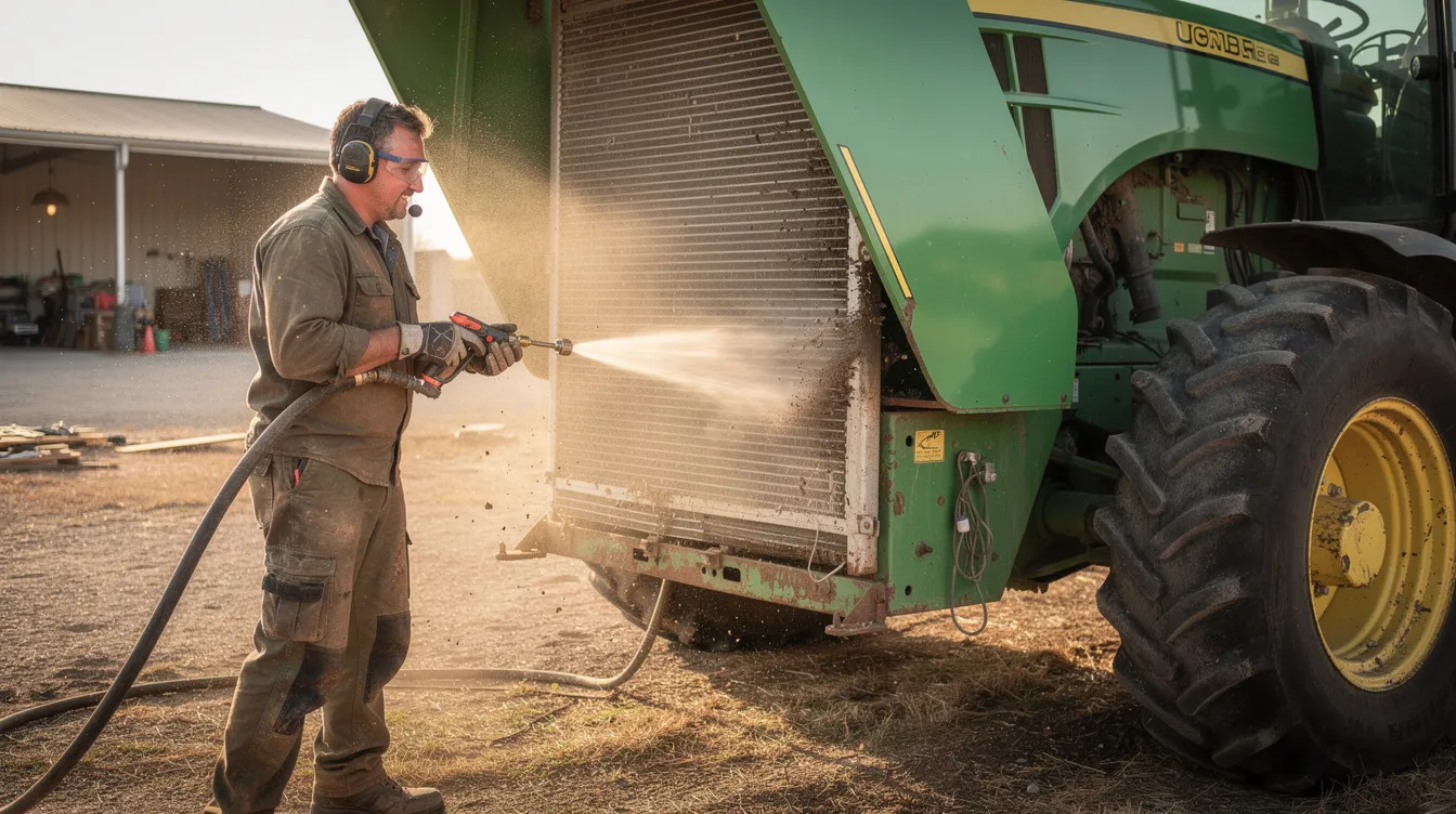 A farmer is using compressed air to clean the tractor's condenser and radiator, ensuring the efficient operation of the tractor air conditioning system. The scene highlights the importance of maintaining components to prevent overheating and dust buildup in agricultural machinery.