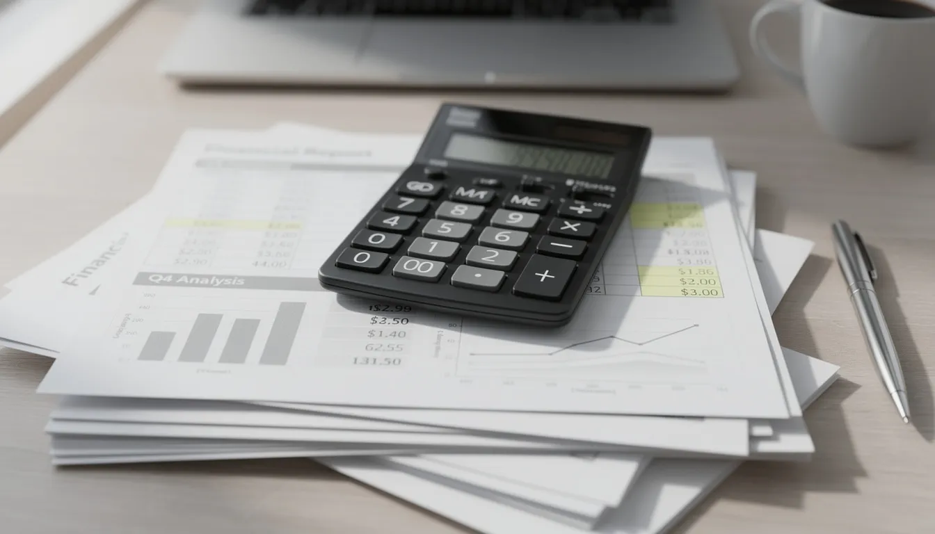 The image shows a calculator placed on top of financial documents on an office desk, symbolizing the process of calculating vacation pay and other employee compensation. The documents likely include details related to vacation entitlements and pay periods, important for understanding vacation pay in Canada.