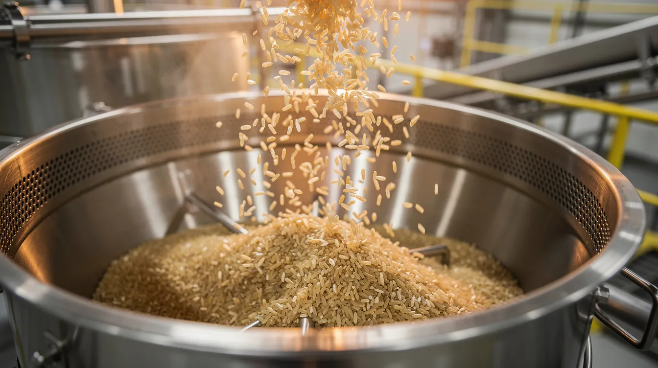 47e8383c 104c 425a bb87 c181aa00f8a1 A close-up view showcases rice flakes being processed inside a stainless steel industrial roasting drum, highlighting the meticulous production process of this breakfast staple. The image captures the quality ingredients and technology used to create nutritious instant mixes that are ready to eat with just the addition of hot water.