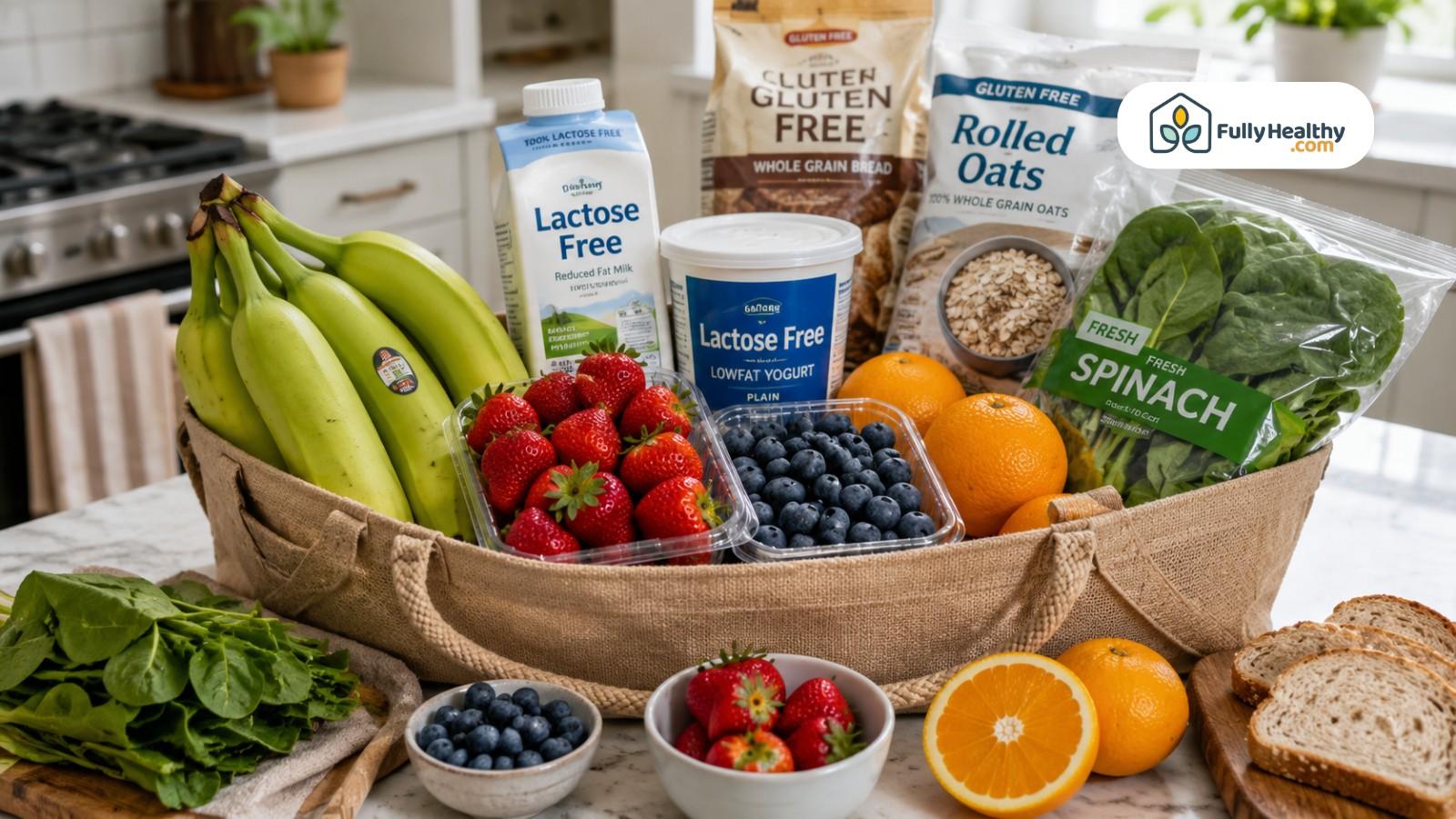 Low FODMAP groceries with firm bananas, berries, lactose-free yogurt, oats, and spinach
