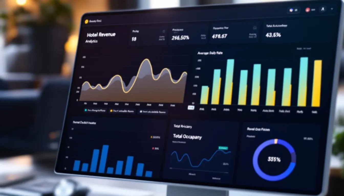 The image depicts a dashboard featuring hotel revenue analytics, showcasing various charts and graphs that illustrate occupancy rates and pricing trends. This visual representation aids revenue managers in utilizing dynamic pricing tools and market data to optimize their pricing strategy for increased revenue.