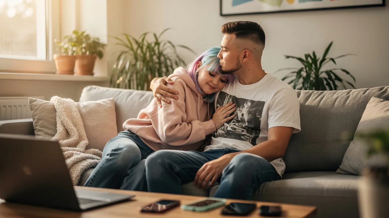 A Gen Z couple is cuddling on a cozy couch, sharing a moment of physical affection and emotional connection. Their relaxed posture suggests a strong bond, highlighting the importance of honest communication and intimacy in their relationship.