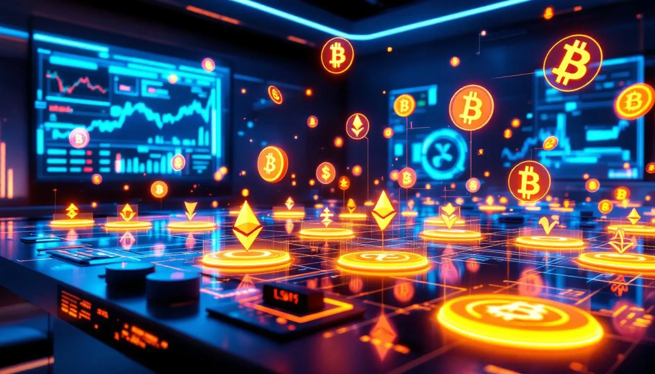 En futuristisk digital gränssnitt som visar olika kryptovalutasymboler och element från virtuell verklighet, vilket ger en känsla av avancerad teknologi. Denna bild kan relateras till utländska casinon och deras erbjudanden för svenska spelare.