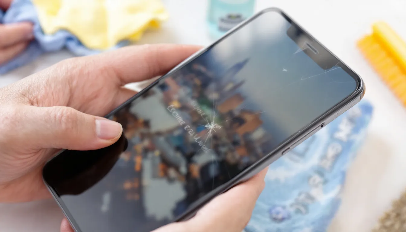 . The image shows a person carefully cleaning their smartphone screen with a microfiber cloth, ensuring that the device is in idealnym stanie. Nearby, there are some cleaning supplies, emphasizing the importance of czyszczenia telefonu to maintain its performance and appearance. .