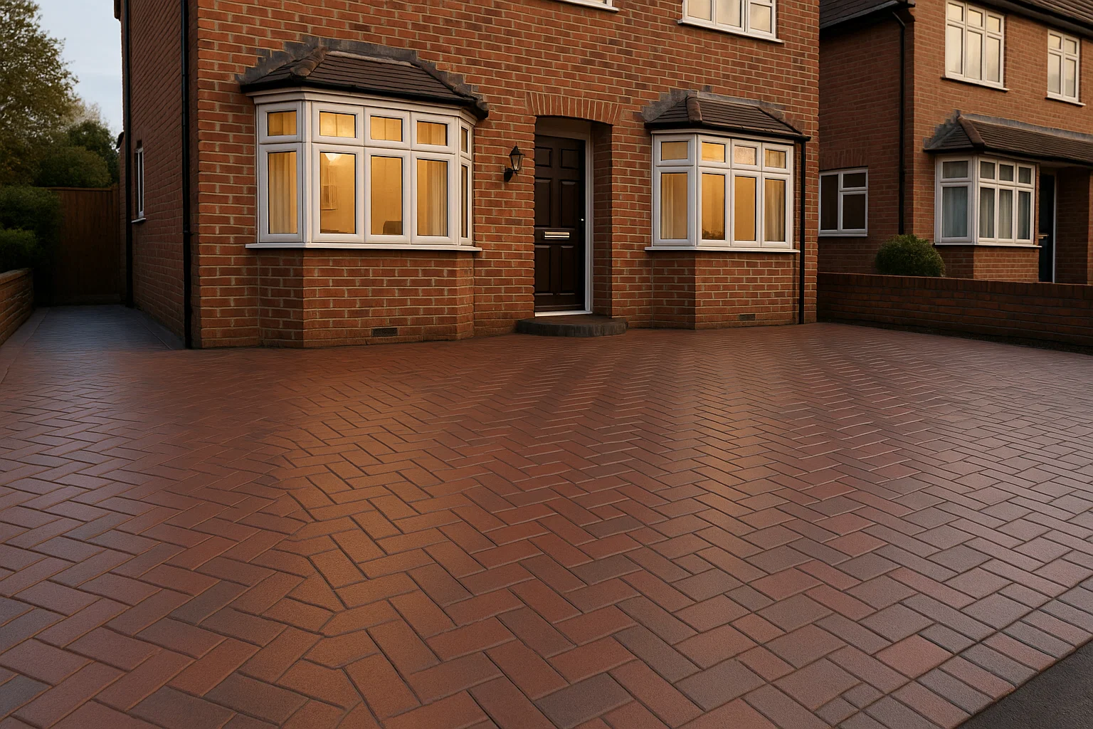 Imprinted concrete driveway with a herringbone pattern outside a traditional UK home.