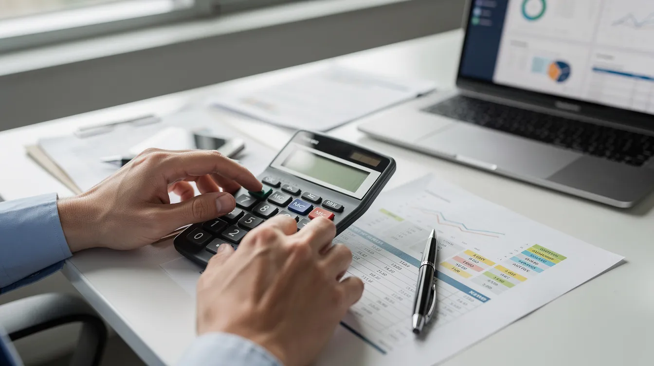 47f0203e 1110 4593 a65c 8d59cb312149 The image depicts hands using a calculator amidst business papers and a laptop on a desk, illustrating the financial planning process often associated with managing loan amounts and interest rates, such as those offered under the Pradhan Mantri Mudra Yojana. This scene reflects the careful calculations that individuals and entrepreneurs make to successfully navigate their business financing needs.