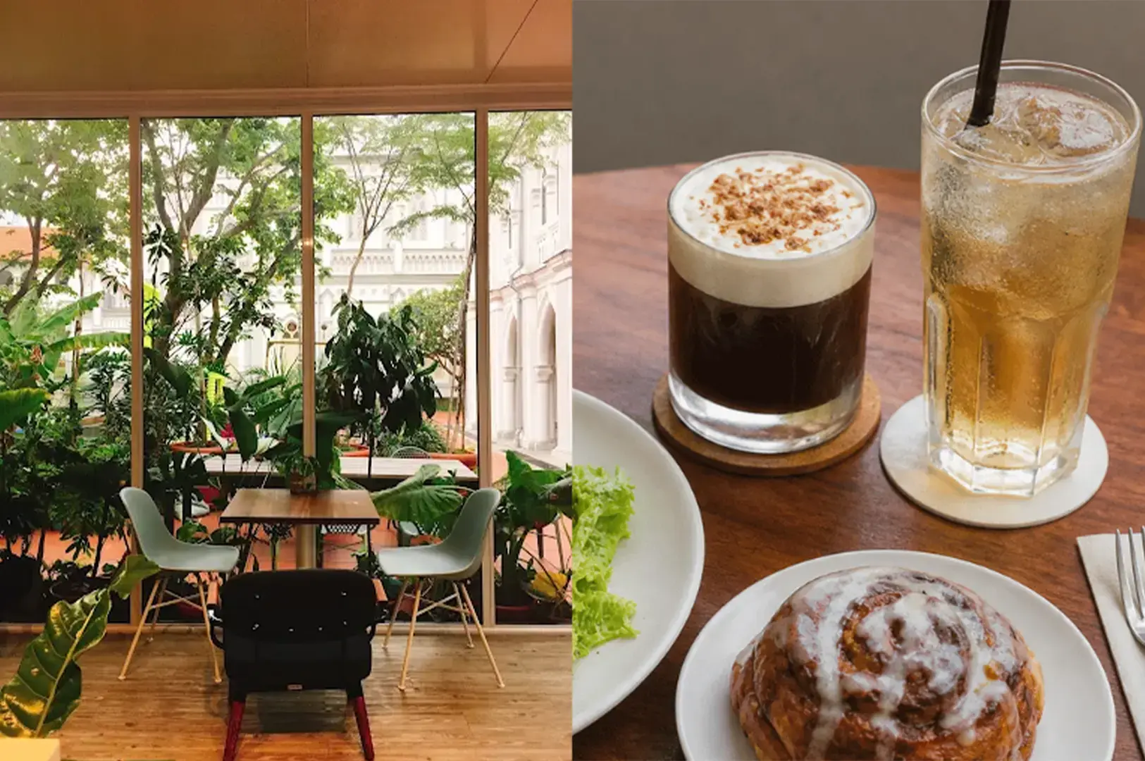 Glasshouse interior table and chairs beside a wide window and their coffee and tea menu items side by side each other.