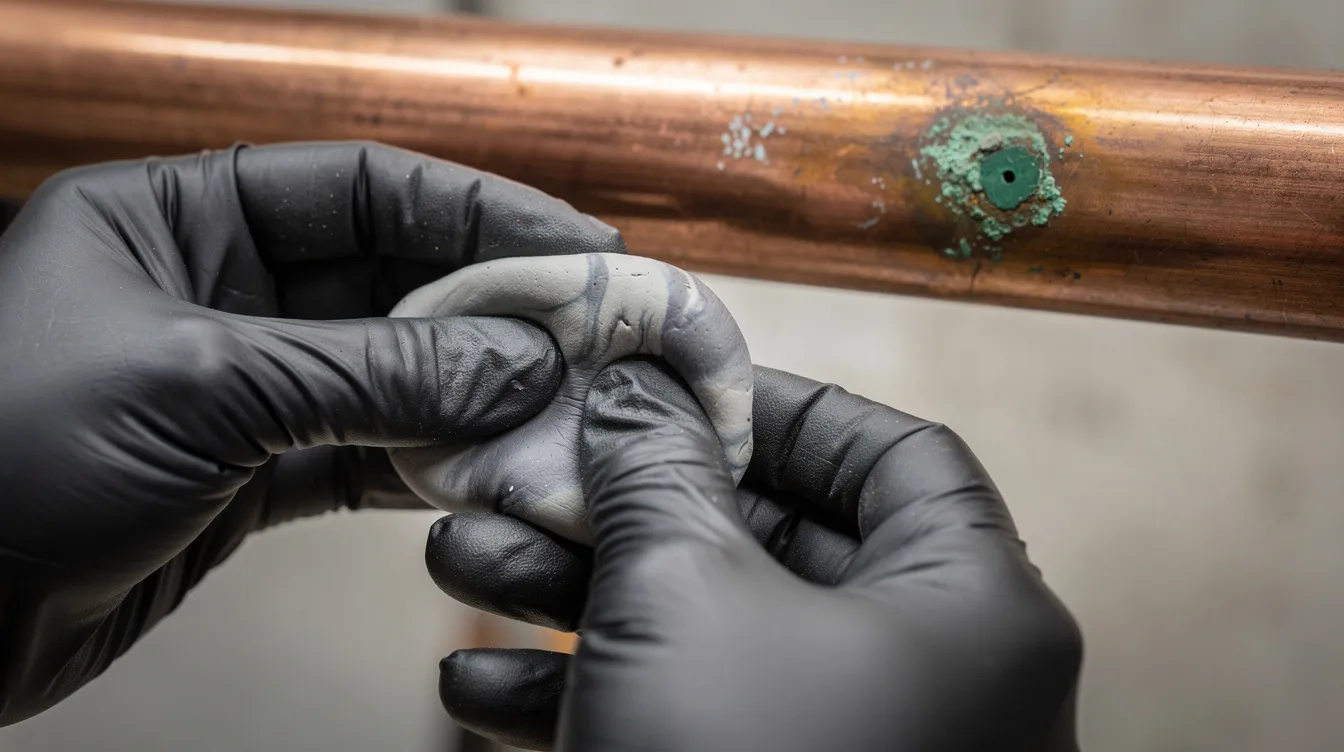 A pair of hands is kneading two-part epoxy putty near a copper pipe that has a small green corrosion spot, indicating a potential plumbing leak. The putty will be used to seal the damaged section and prevent further damage from minor leaks.