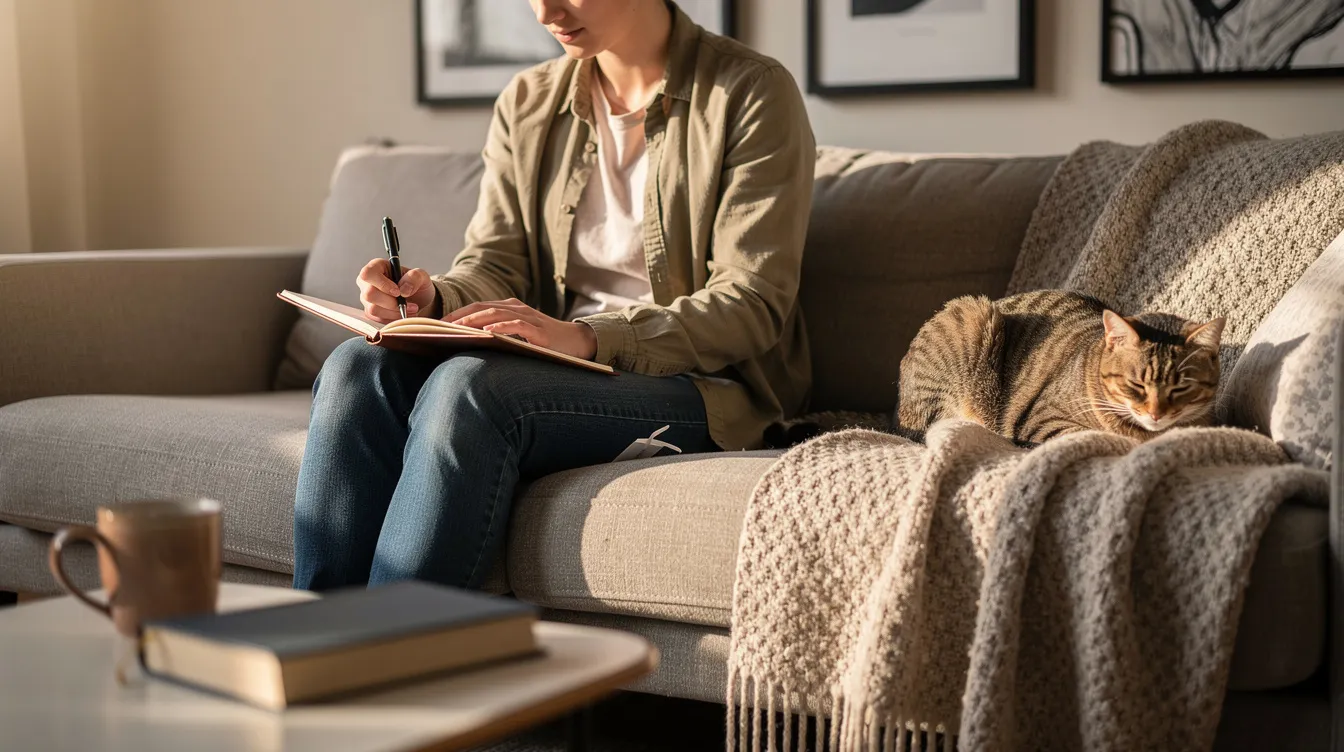 A person is seated on a couch, taking notes in a notebook, while a cat sits nearby, observing its owner's activity. This cozy scene highlights the companionship between the pet owner and their feline friend, emphasizing the importance of a cat's health and well-being in a home environment.