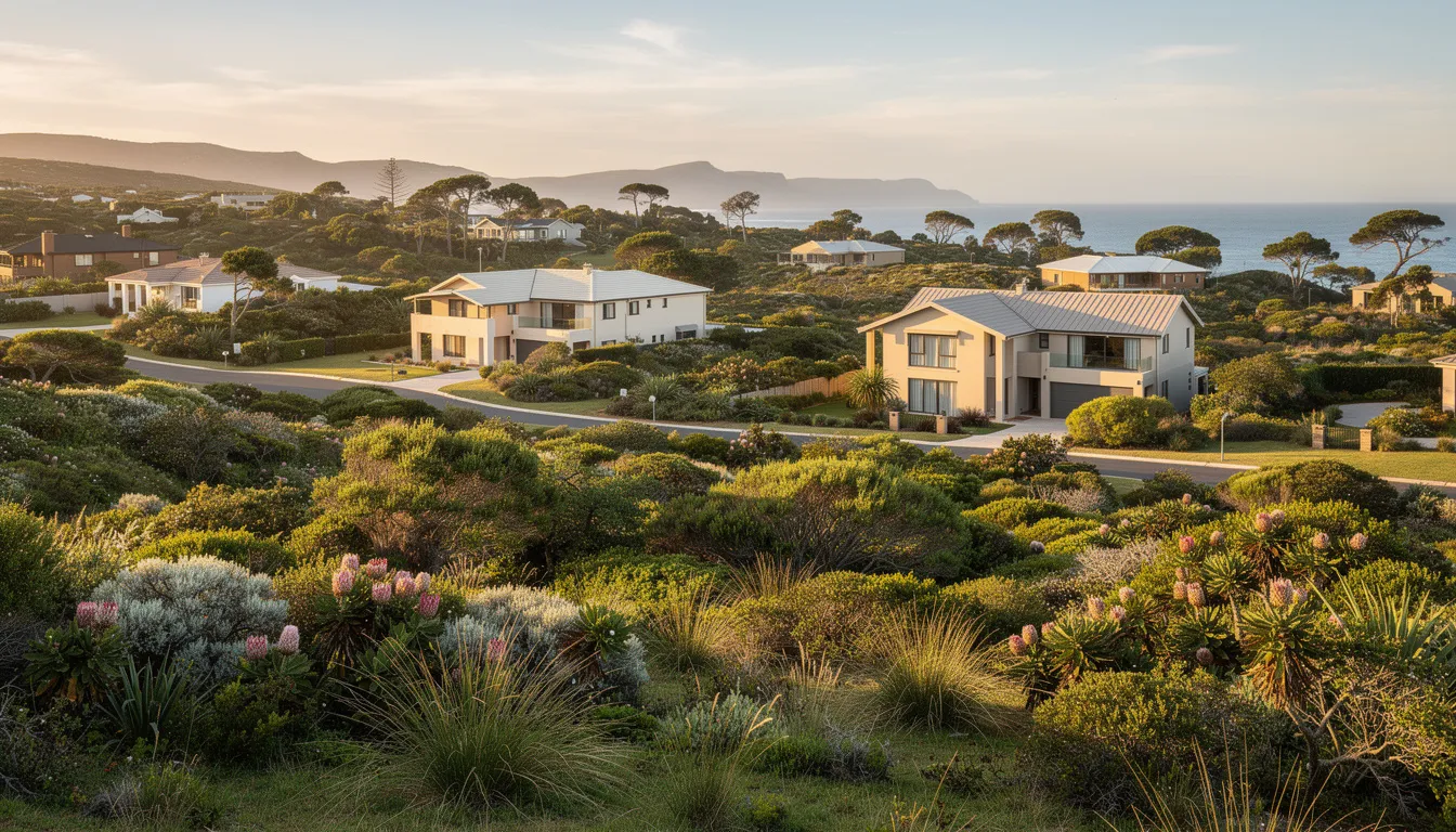 The image depicts a scenic view of the Garden Route, showcasing typical residential homes nestled among lush indigenous vegetation. This picturesque landscape highlights the serene environment of Wilderness, where residents may rely on local services for DSTV installation and maintenance to enjoy their favorite shows amidst nature.
