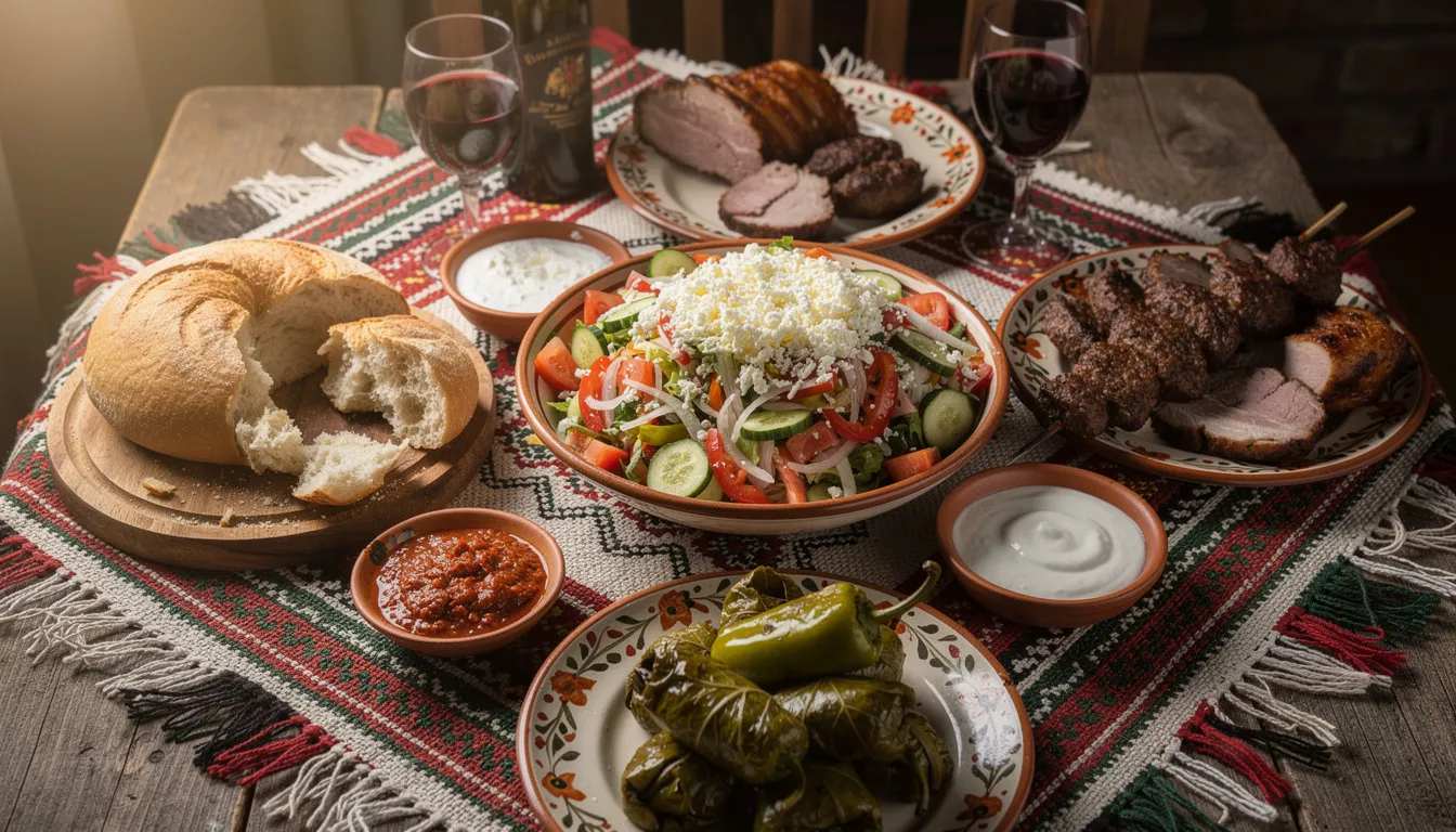 The image showcases a traditional Bulgarian table spread, featuring a vibrant Shopska salad made with fresh tomatoes, cucumbers, and Bulgarian cheese, alongside various meat dishes including grilled pork steak and stuffed red peppers. The table is adorned with bread, herbs, and a selection of delicious Bulgarian dishes, creating an inviting atmosphere for a hearty meal.