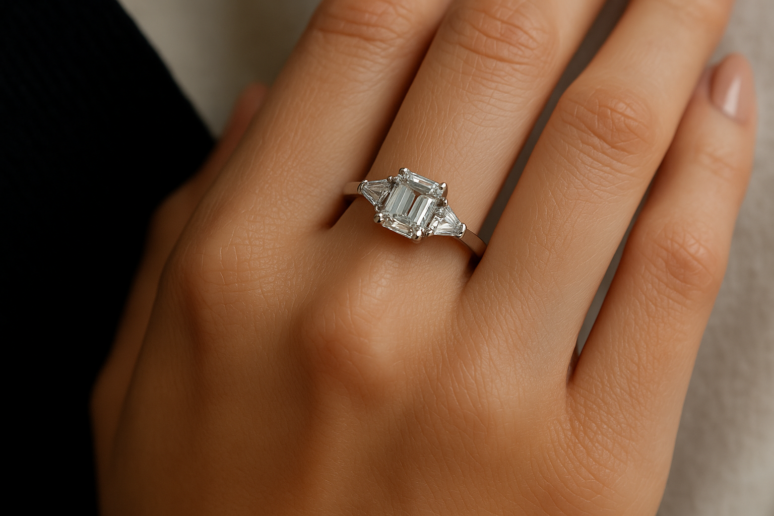 Sužadėtuvių žiedas iš balto aukso su centriniu emerald cut ir trapecijos formos deimantais iš šonų.