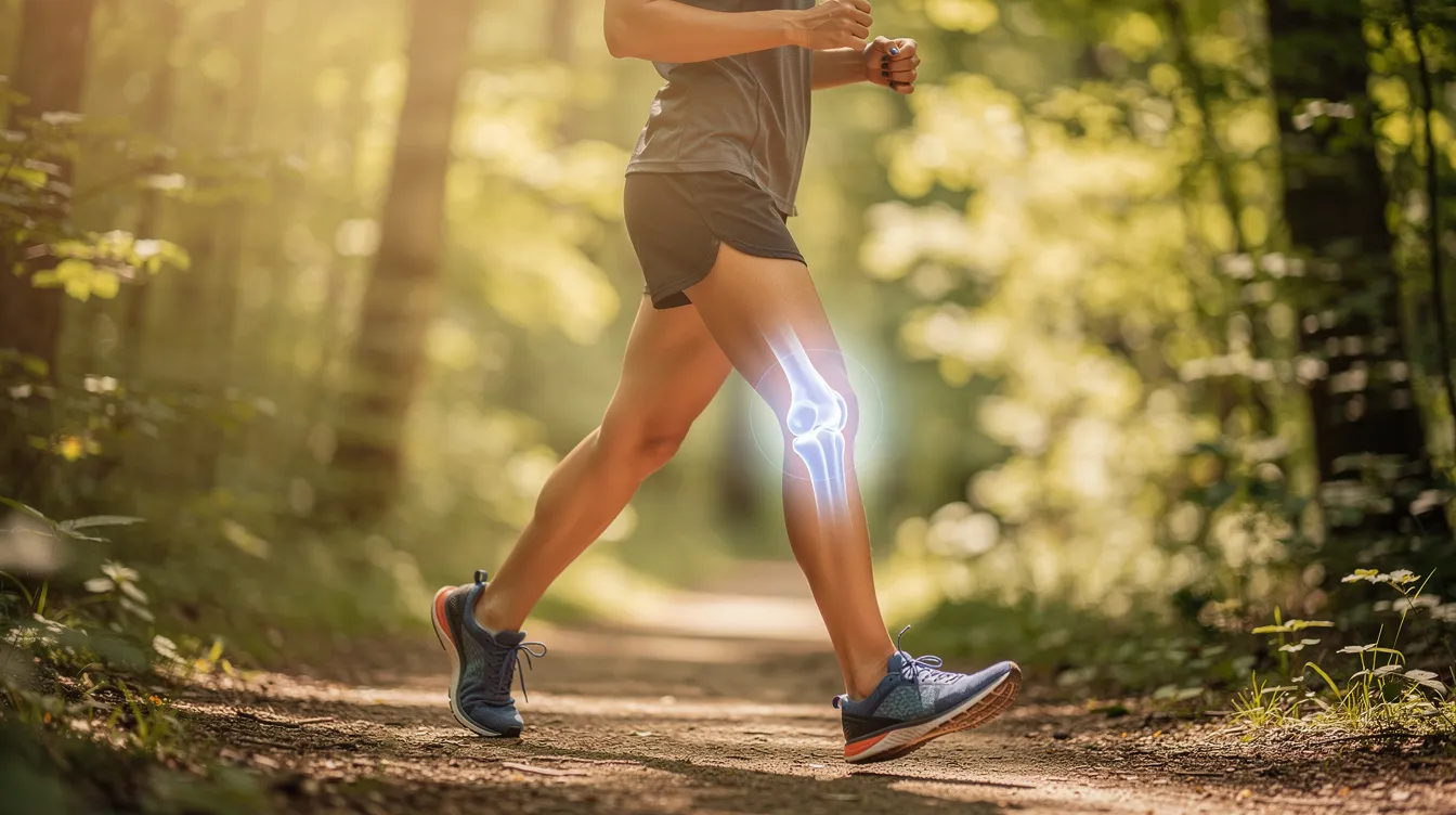 A person is walking along a nature trail, with a subtle glow highlighting their knee joint area, symbolizing joint mobility and an active lifestyle. This image emphasizes the importance of joint health and the potential benefits of joint support supplements for easing joint pain and discomfort.