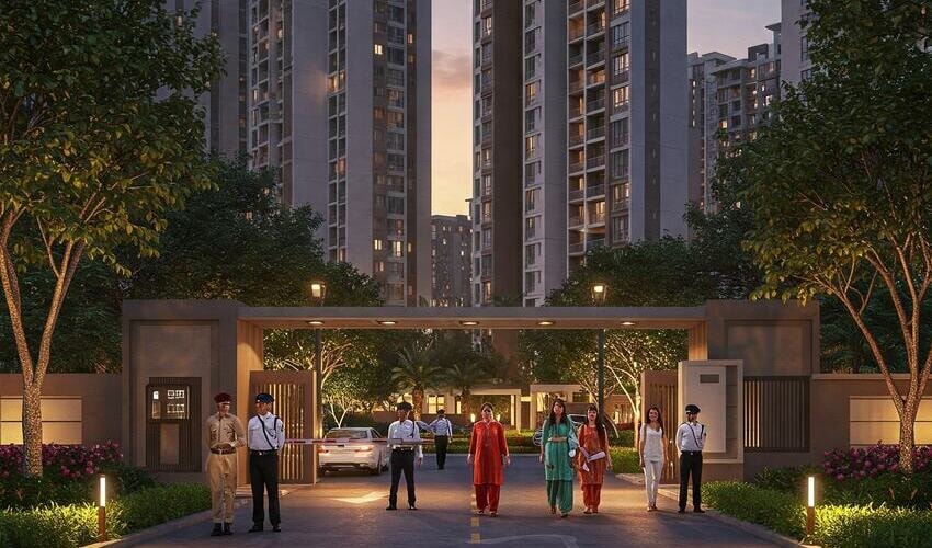 Gated community in Baner, Pune with luxury towers, smart security, and peaceful landscaped streets.