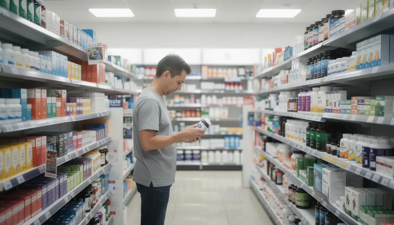 A person is shopping in a pharmacy aisle, examining various supplement bottles on the shelves, including turmeric supplements and high strength curcumin formulas, which are known for their anti-inflammatory properties and health benefits. The shelves display a range of dietary supplements aimed at joint support and overall good health, highlighting options like turmeric extract and curcumin with black pepper for enhanced absorption.