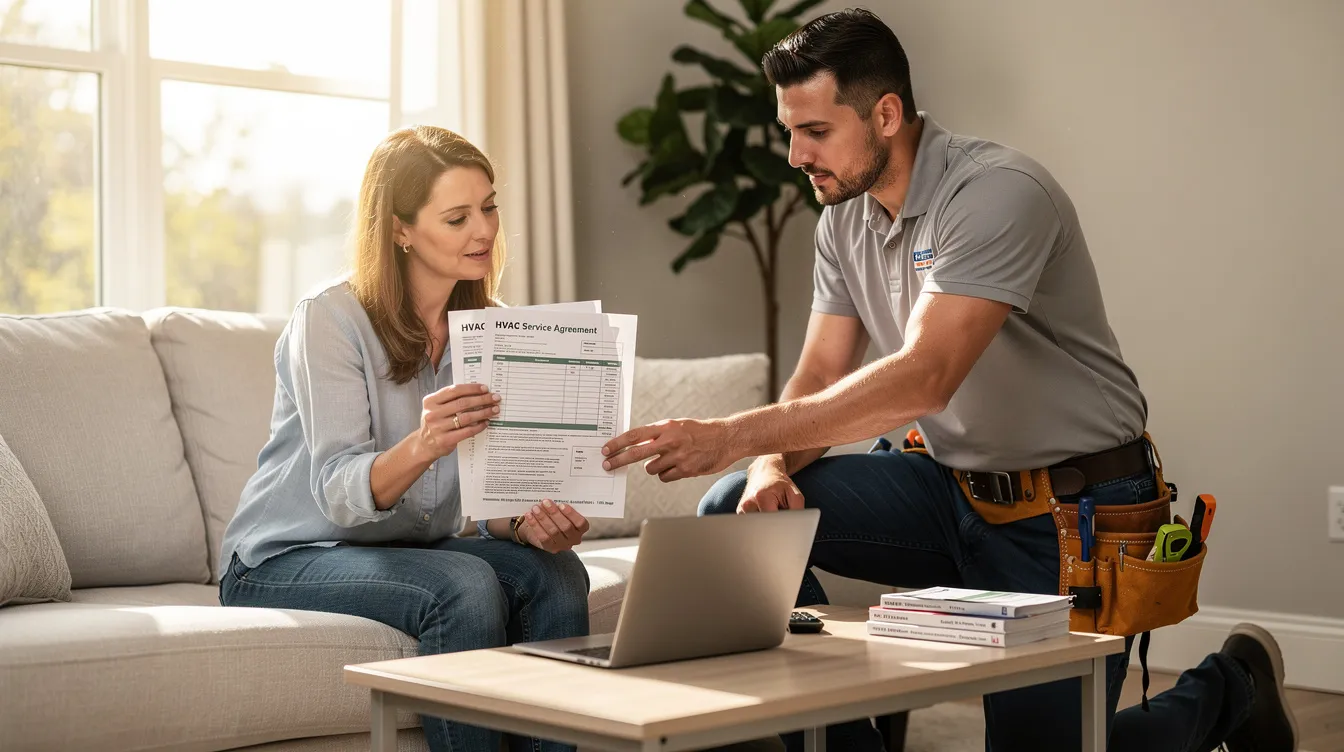 A homeowner is seated in a bright living room, reviewing HVAC paperwork with a service technician, who is explaining details about the air conditioning system installation. The scene emphasizes the importance of proper HVAC installation and energy efficiency in maintaining a comfortable home environment.