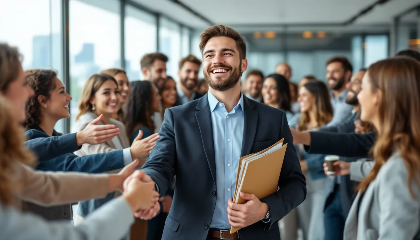 In der Abbildung lächelt ein neuer Mitarbeiter, während er von seinen Kollegen herzlich begrüßt wird. Die Szene spiegelt die positive Atmosphäre des Onboarding-Prozesses wider, in dem Teammitglieder sich vorstellen und den neuen Kollegen in das Unternehmensleben integrieren.