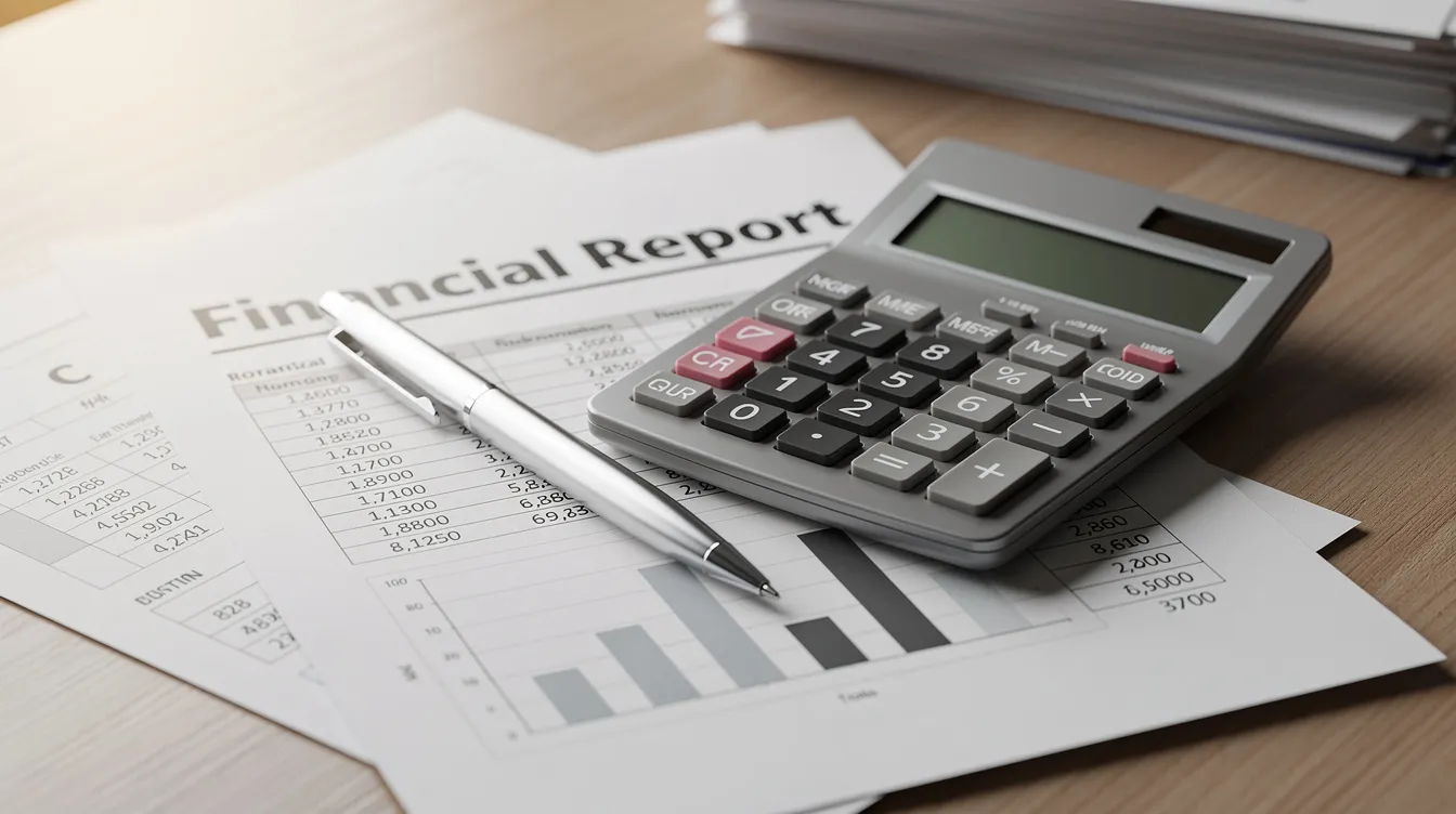 47fc7360 ca21 42f3 be89 f7f09cc4cdfb The image features a calculator on a desk surrounded by financial documents and a pen, symbolizing the process of calculating key financial metrics such as the debt service coverage ratio (DSCR) and the company's ability to cover debt payments. This setting reflects the importance of analyzing a company's financial health and managing its debt obligations effectively.
