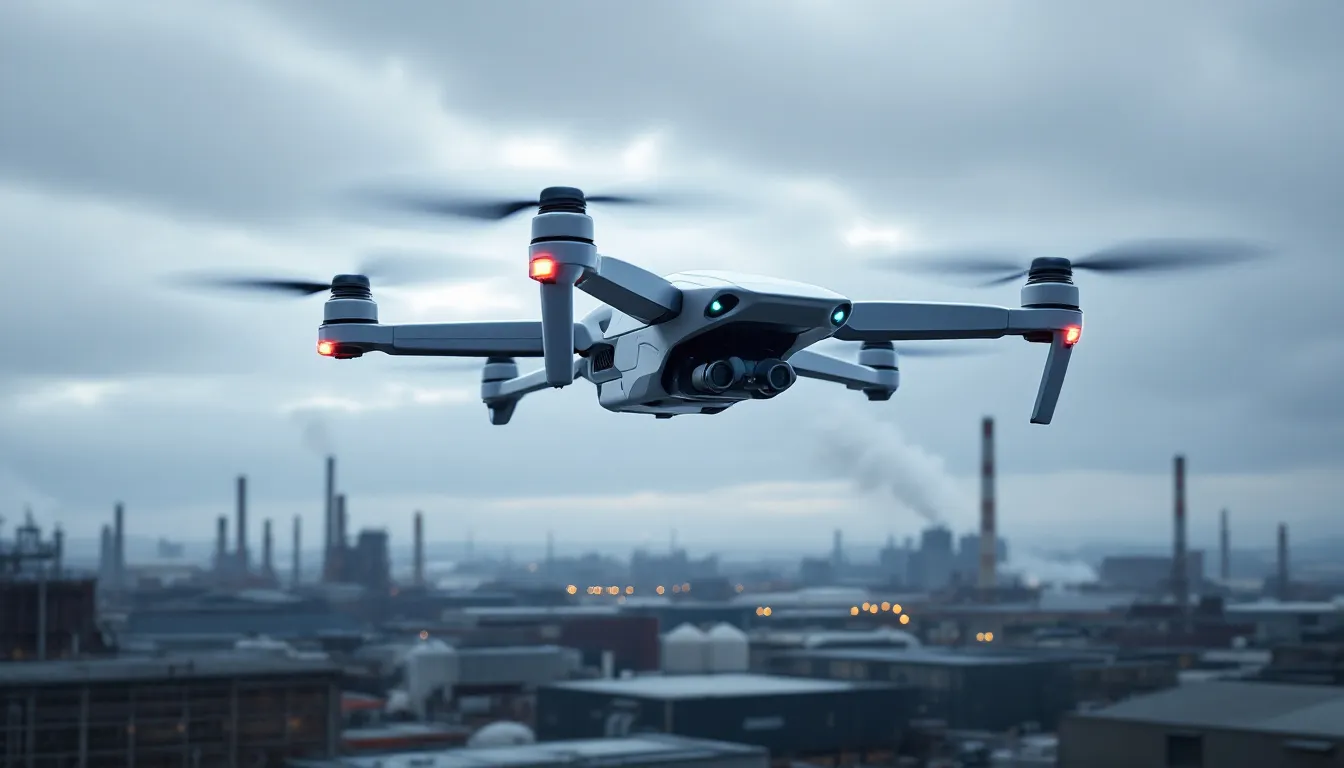 An advanced drone equipped with detection and avoidance systems is flying over an industrial area, showcasing its capabilities for BVLOS operations while ensuring safety and compliance with FAA regulations. The drone is navigating through the airspace, demonstrating its ability to operate effectively in complex environments and detect obstacles during its mission.
