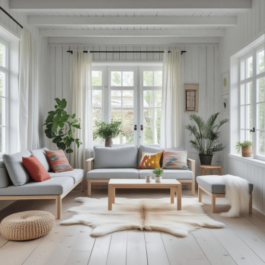 Bright, airy living room with white wood paneling, a light sofa with colorful cushions, a wooden coffee table, and large windows with natural light.