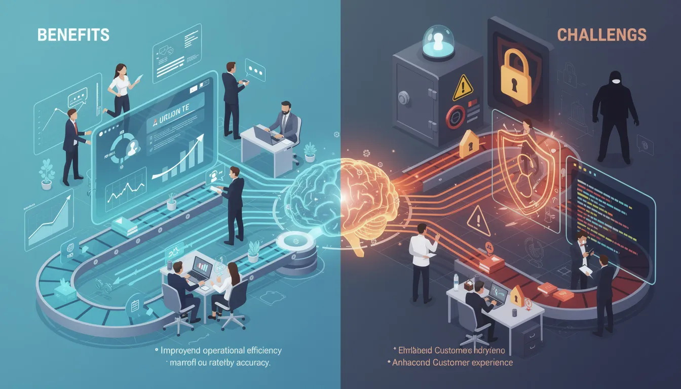 The image illustrates the potential benefits and challenges of artificial intelligence in business, highlighting improved operational efficiency and enhanced customer experience alongside concerns like data privacy and security risks. It visually represents concepts such as machine learning algorithms, data integrity, and the need for skilled professionals in AI development.