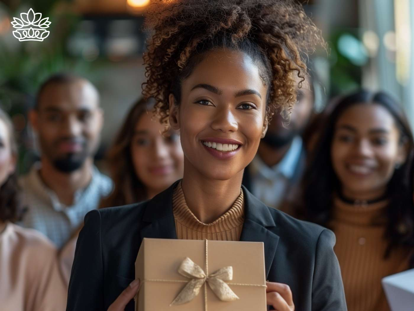 A radiant woman with curly hair smiling and holding a gift box, surrounded by a diverse and cheerful group, all presented by Fabulous Flowers and Gifts."