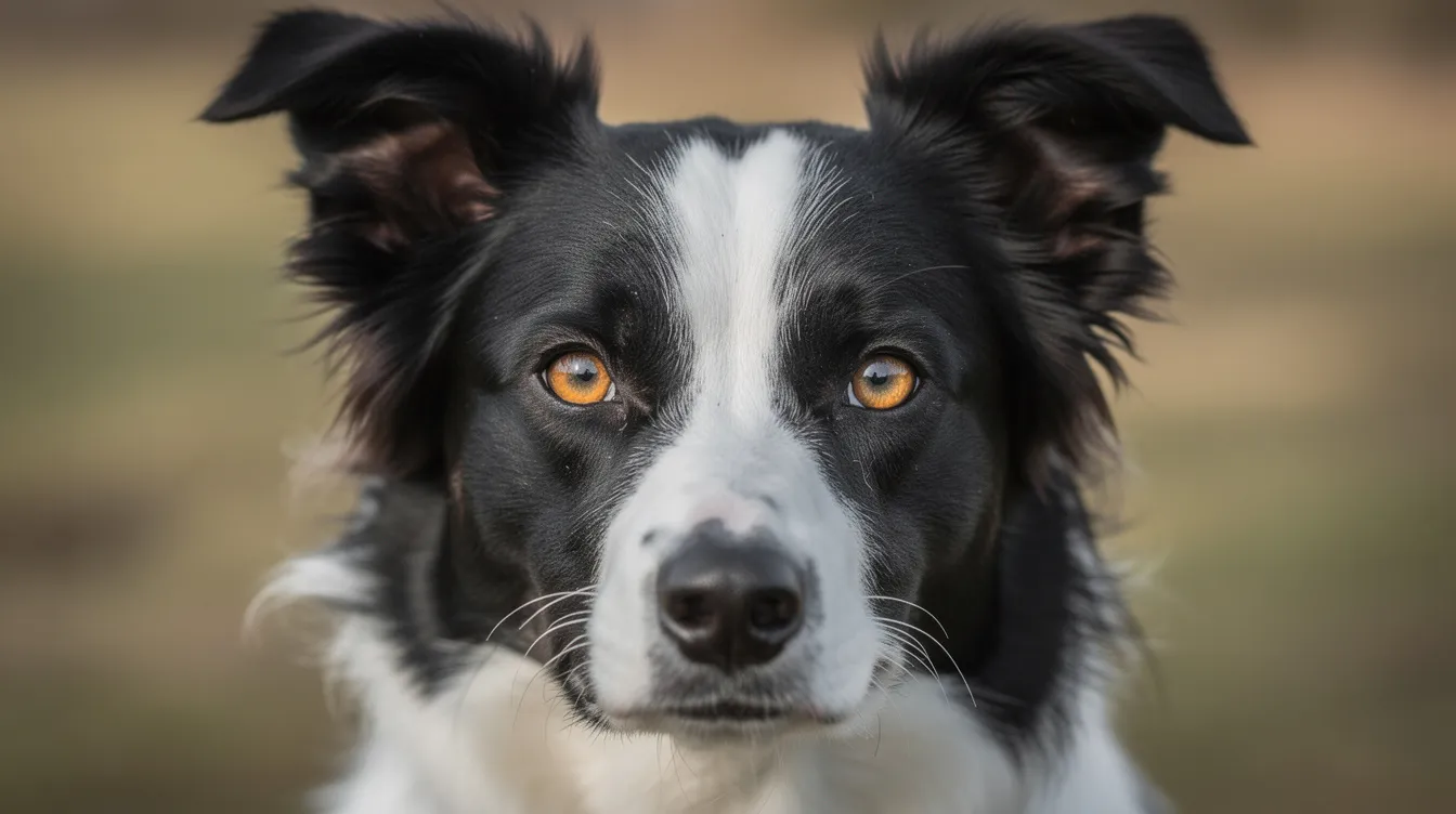 A focused Border Collie is staring intensely at the camera, showcasing a direct stare that communicates its emotions and intentions. With its stiff posture and loving gaze, this dog locks eyes, demonstrating the strong bond between dogs and humans.