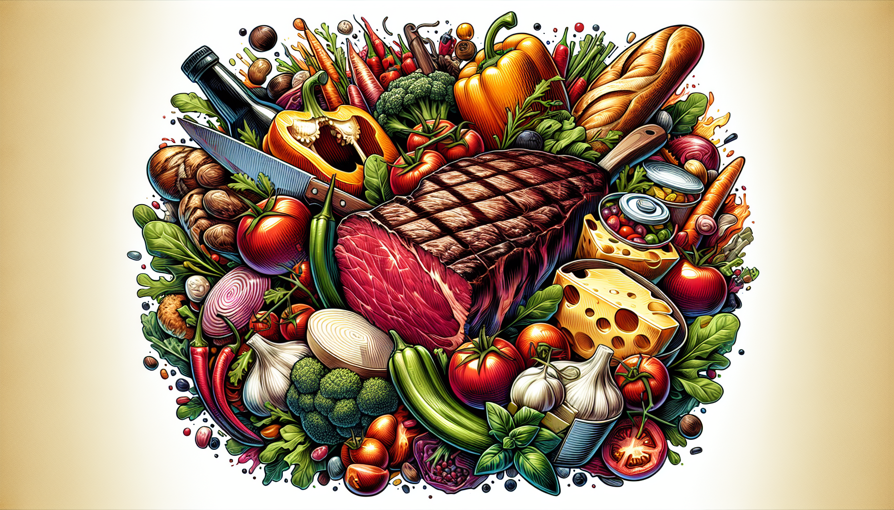 Illustration of various food items including meat, vegetables, and processed foods