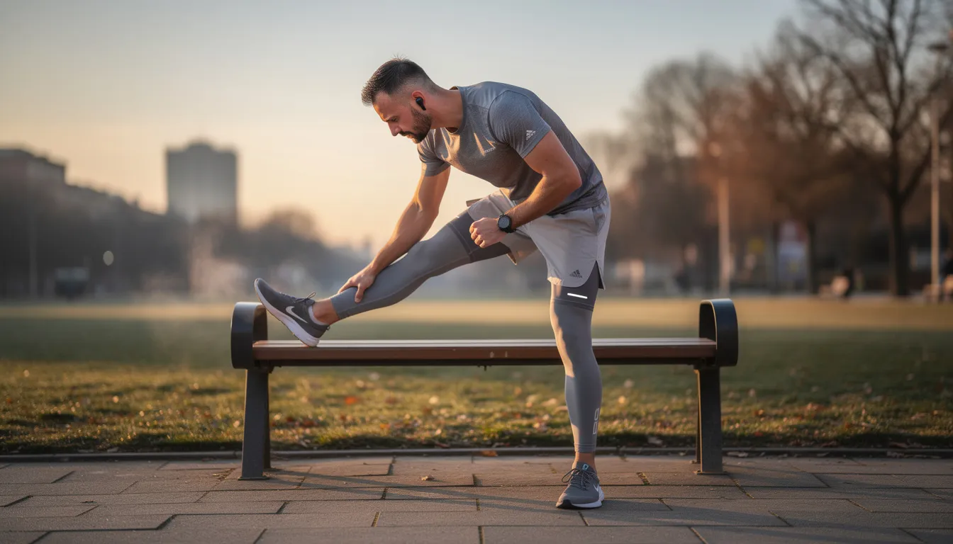 A man is stretching in a park before his morning run, dressed in breathable athletic wear designed for active lifestyles. His outfit includes moisture-wicking properties that keep him comfortable, making it an ideal choice for daily wear, especially during hot days.