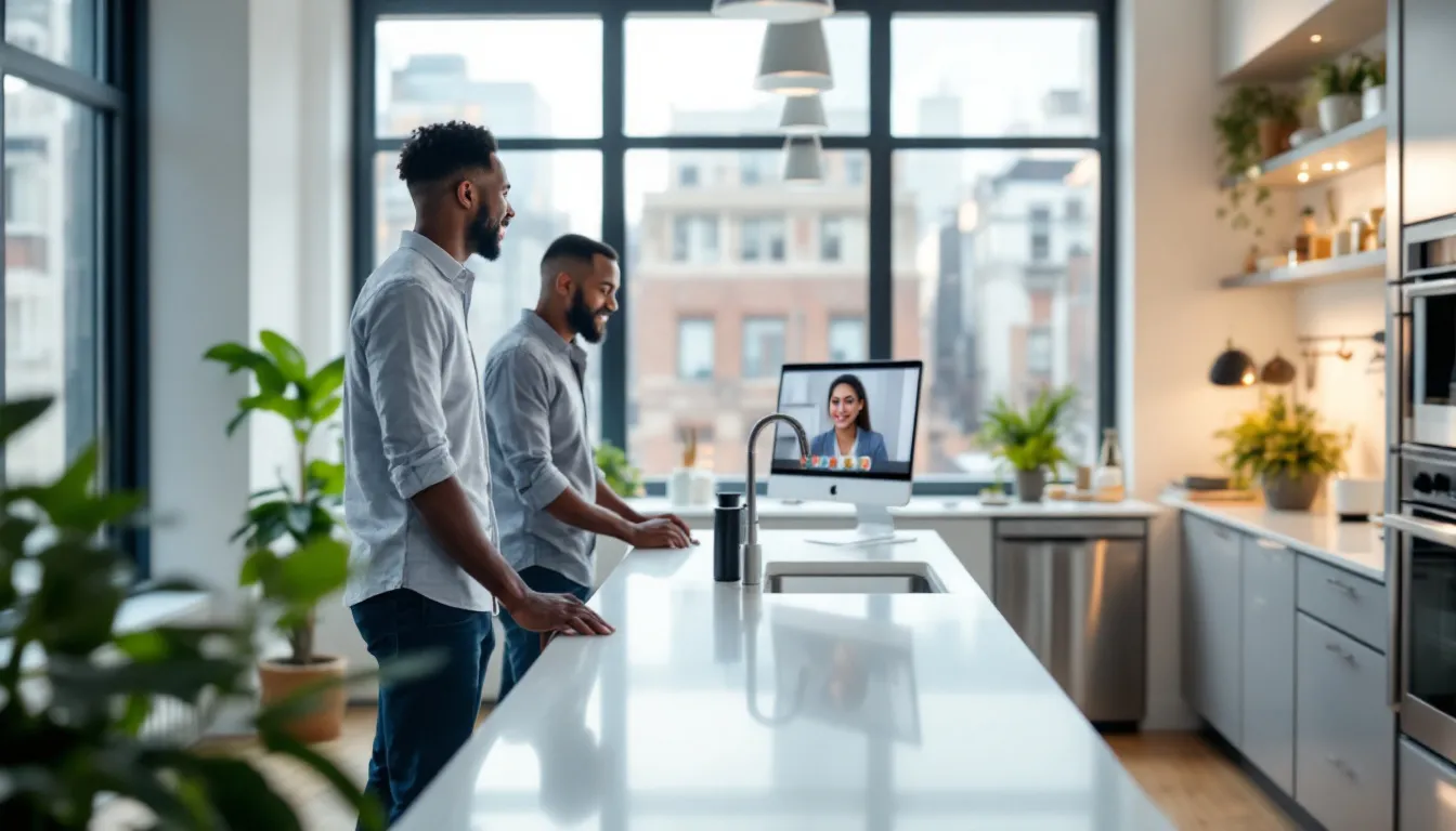 In a high-income Brooklyn apartment, a Black or Asian male couple stands at their kitchen island with a laptop open, displaying their therapist on the iMac screen, who appears to be guiding them through their feelings. Both men show relief on their faces, suggesting they are seeking support to navigate their relationship challenges and foster a healthier connection.