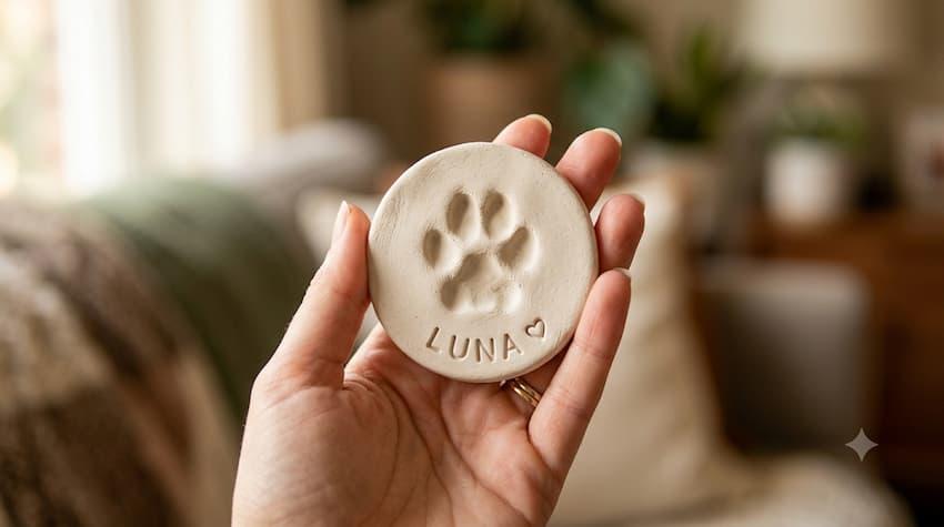A pet owner holding a memorial clay paw print of their dog.
