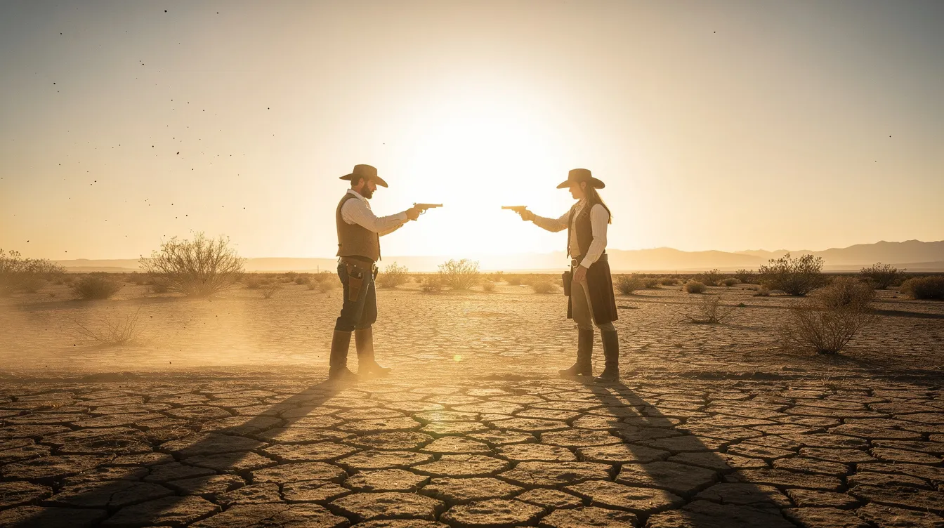Zwei Personen stehen sich in einer weiten, staubigen Landschaft gegenüber, während das Sonnenlicht lange Schatten wirft. Die Szene erinnert an ein klassisches Western-Duell und vermittelt eine spannende Stimmung, die durch die Kameraperspektive und den Bildausschnitt verstärkt wird.