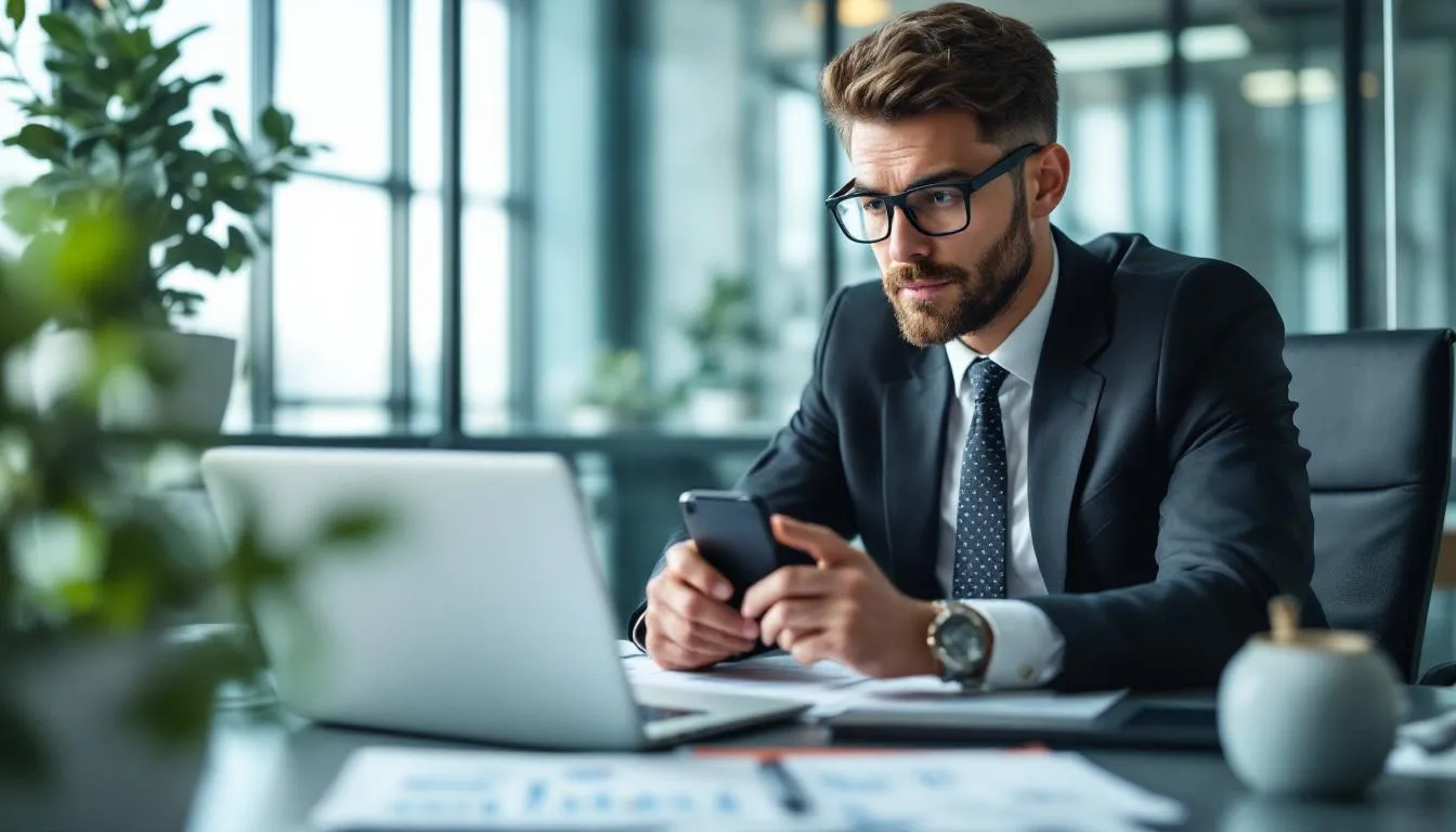 A business professional is intently analyzing digital marketing analytics on multiple devices, including a laptop and a tablet, highlighting the importance of a strong online presence in todayโs digital world. This scene emphasizes the role of data-driven approaches in shaping effective digital marketing strategies to engage potential customers and enhance online visibility.