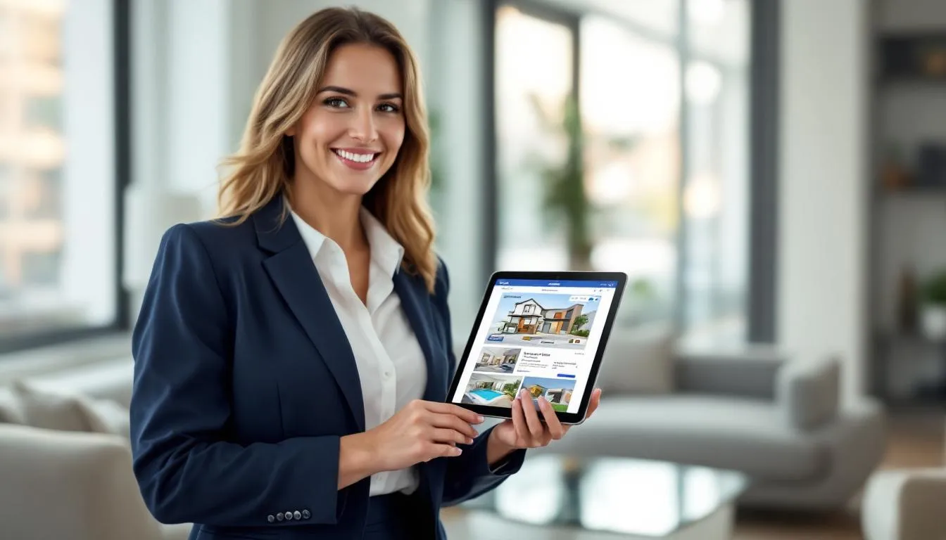 A real estate professional is demonstrating property details on a tablet, showcasing various real estate listings in Cape Coral, including homes for sale in gated communities with resort-style amenities. The scene emphasizes the use of technology in identifying prospective properties for consumers looking to purchase their dream home.